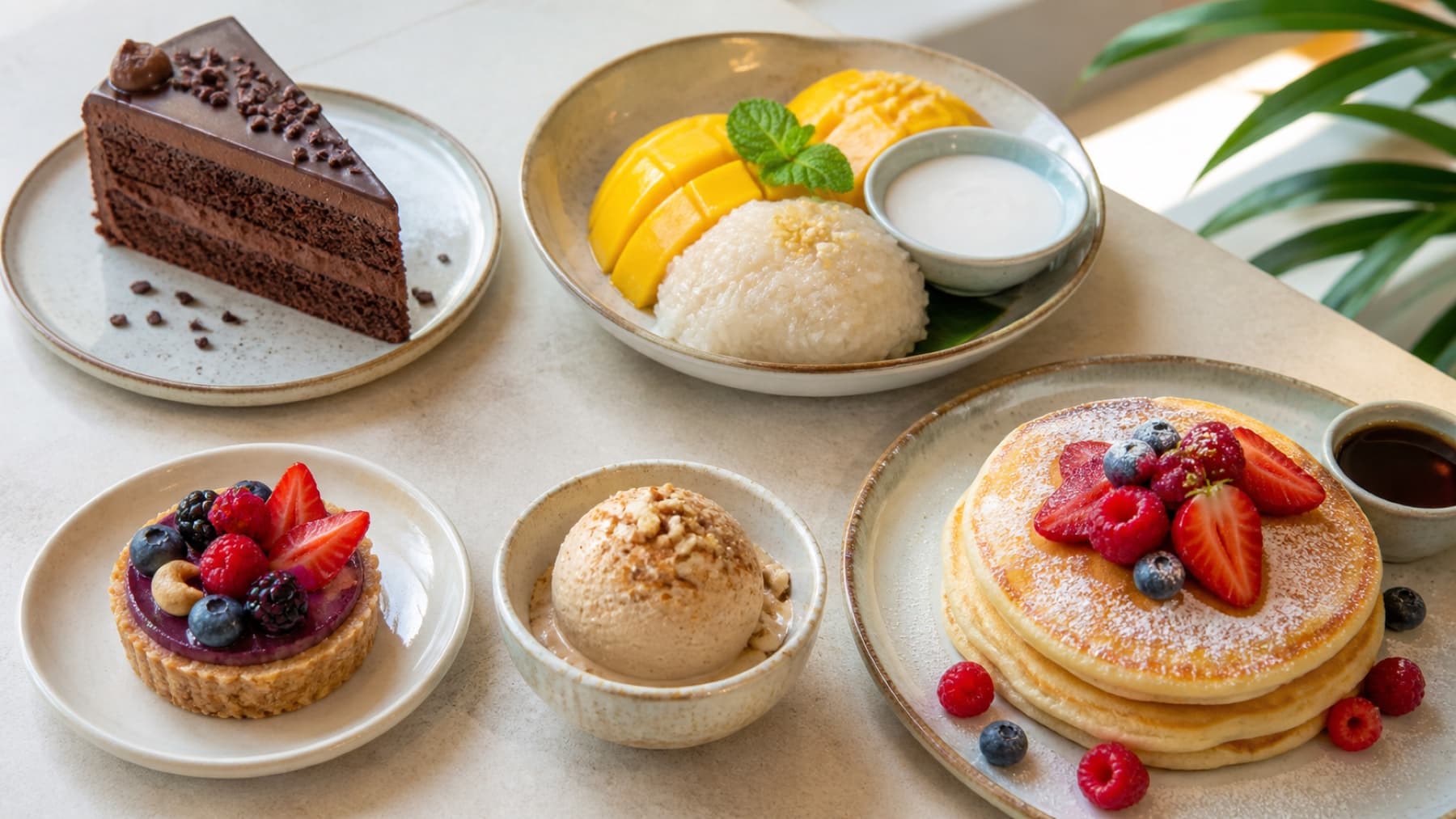 A Bangkok cafe table spread with vegan cake, mango sticky rice, pancakes, a raw berry tart and plant-based ice cream.